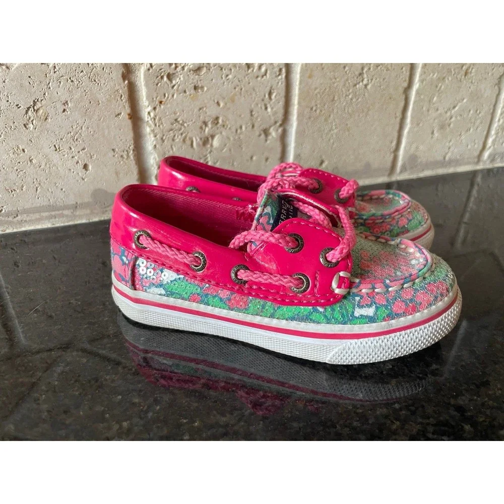 Little girls 6.5 Sperry top siders pink green sparkle